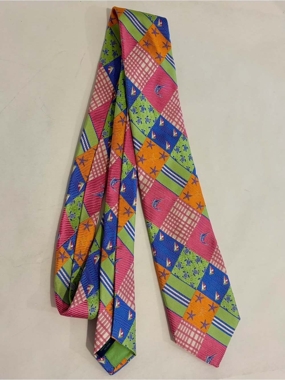 Lilly Pulitzer 100% Silk Handmade Patchwork Gingham Nautical Tie Marlin Turtle
